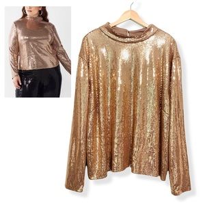 Cara Santana x Nine West Plus Size Gold Sequin Mockneck Long Sleeve Top NWT